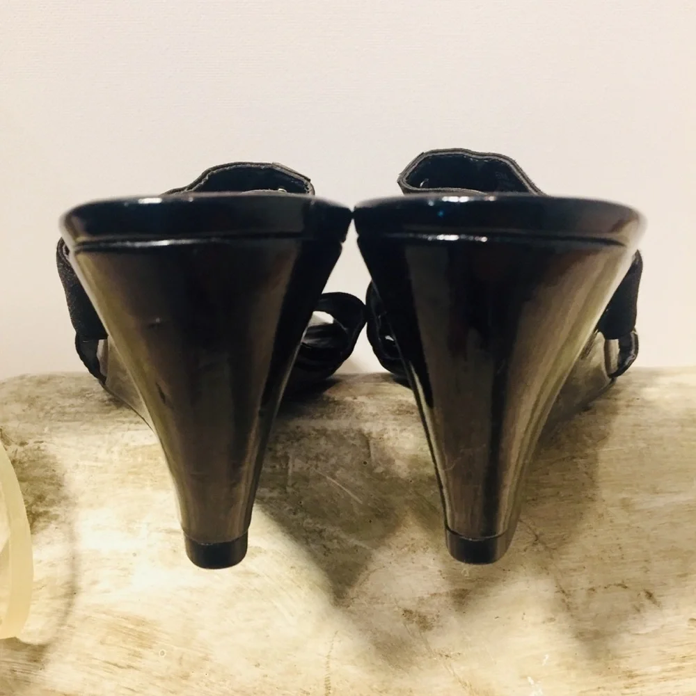 Etienne Aigner | Black Patent Leather Wedge Open Toe Heels 6
